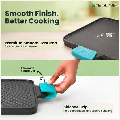 CASTrong Cast Iron Square Griddle / Grill Pan 10.5 Inch with Silicone Grip, Pre-seasoned, 100% Pure, Toxin-free, Induction Compatible