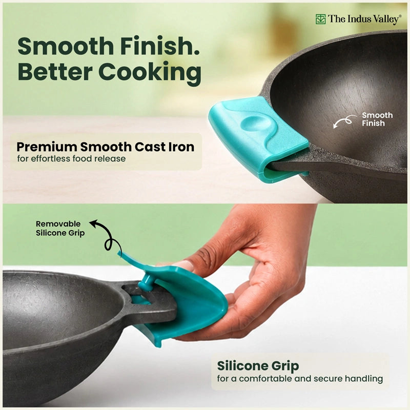 Super Smooth CASTrong Cast Iron Kadai / Wok 18.3cm & 20.7cm with Silicone Grip, Naturally Non-stick, Premium Quality, 100% Pure, Toxin-free