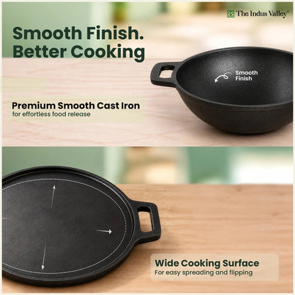 Super Smooth Cast Iron Cookware Set: (30cm)Tawa+ (26cm)Kadai+ (24.8cm)Fry Pan, Kitchen Set for Home, Pre-seasoned, 100% Pure, Toxin-free, Free ₹400 Tadka Pan