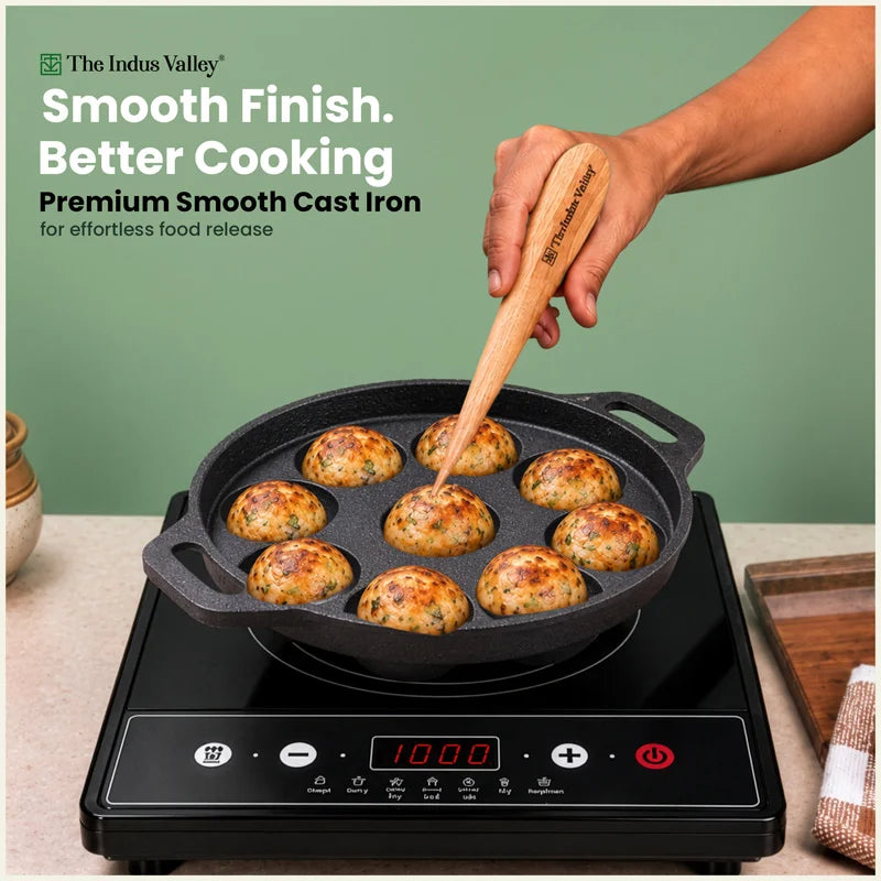 Super Smooth 21 cm 9 Pit/Cup Cast Iron Paniyaram/Appe Pan, Pre-seasoned, Natural Nonstick, 100% Pure, Toxin-free,21 cm, 1.53 kg
