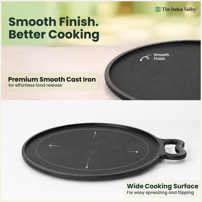 CASTrong Cast Iron Dosa Tawa 26.8 cm+ Wooden Flipper, Pre-seasoned, 100% Pure, Toxin-free, Induction & Gas Compatible