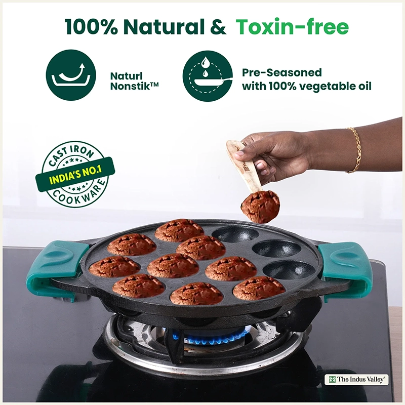 12 Pit/Cup CASTrong Cast Iron Paniyaram/Appe Pan 20.8 cm, Pre-seasoned, with Double Handle Silicone Grip,Toxin-free 2.2 kg, Induction & Gas