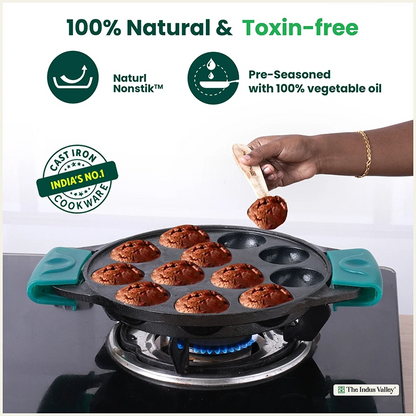 12 Pit/Cup CASTrong Cast Iron Paniyaram/Appe Pan, Pre-seasoned, with Double Handle Silicone Grip,Toxin-free, 20.8 cm, 2.2 kg