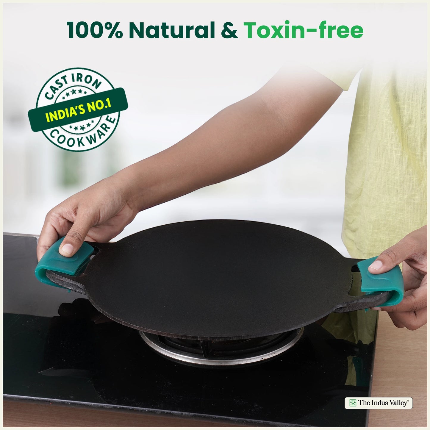 CASTrong Cast Iron Double Handle Tawa with Silicon Handle, Pre-seasoned, Naturally Nonstick, 100% Pure, Toxin-free, Dosa Tawa for Kitchen Use, 11 In/27.9 cm/2 kg