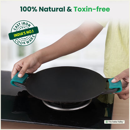 CASTrong Cast Iron Double Handle Tawa with Silicon Handle, Pre-seasoned, Naturally Nonstick, 100% Pure, Toxin-free, Dosa Tawa for Kitchen Use, 11 In/27.9 cm/2 kg