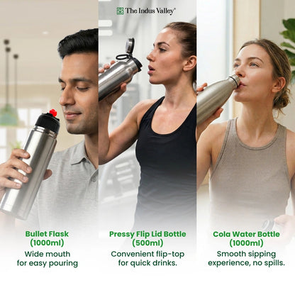 Stainless Steel Vacuum Insulated Bottle Combo 1L + 1L + 500 ml - Set of 3 – Leak Proof, Double Wall, Hot & Cold