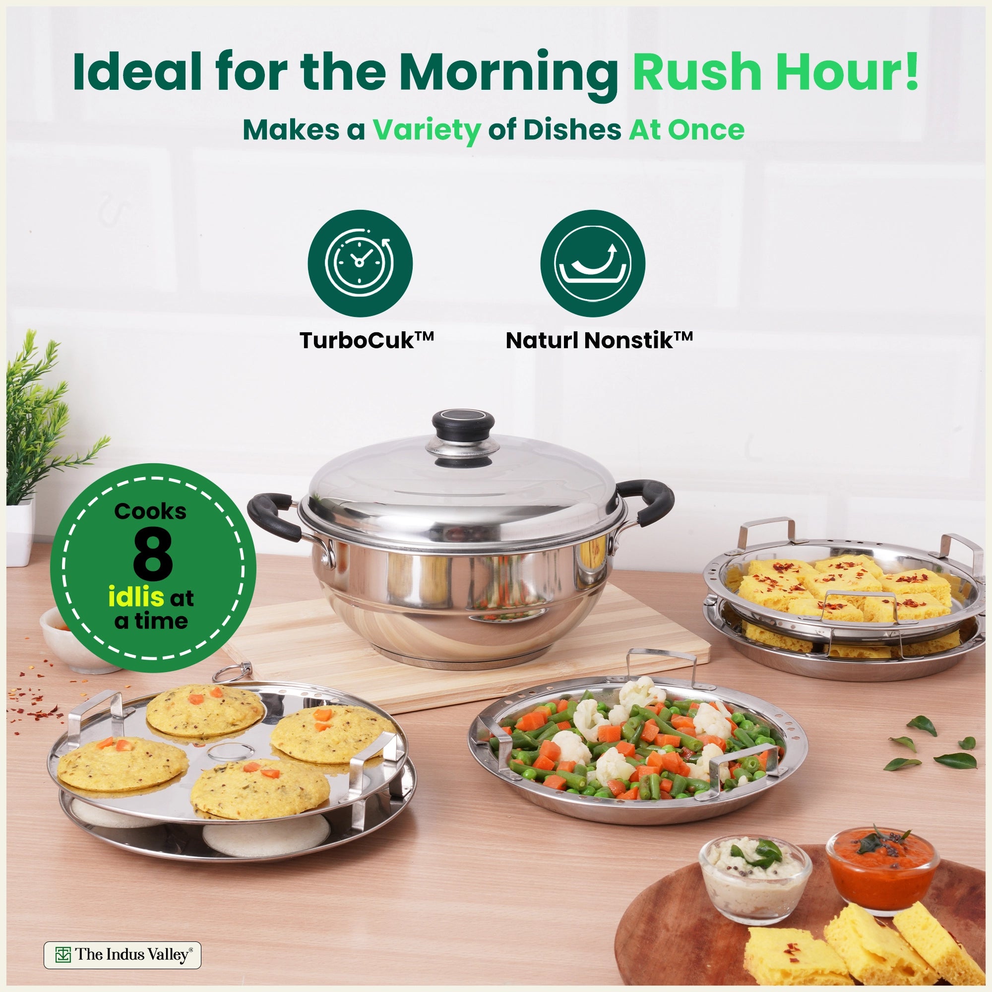 8 Pit Tri-Steel Multi Pot 3L Premium Stainless Steel Idli/ Dhokla/ Momo Maker/ Veg Steaming Set, Tri-ply Induction Bottom, 5 Plates