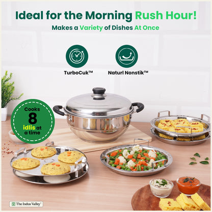 8 Pit Tri-Steel Multi Pot Premium Stainless Steel Idli/ Dhokla/ Momo Maker/ Veg Steaming Set, Tri-ply Induction Bottom, 5 Plates, 3L