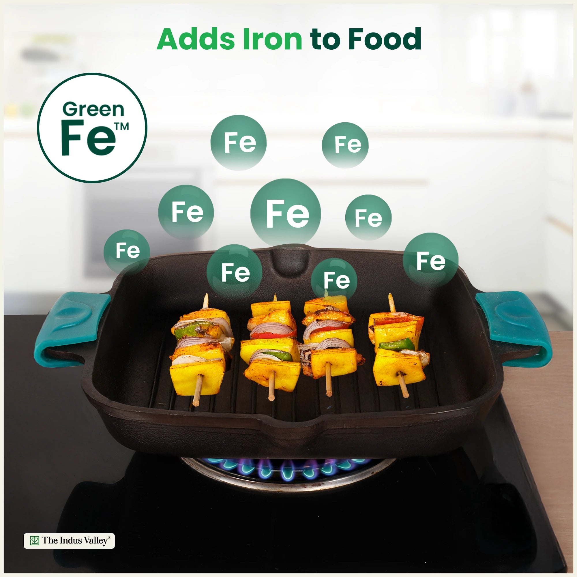 CASTrong Cast Iron Double Handle Grill Pan 26.5 cm with Silicon Handle, Pre-seasoned, Naturally Nonstick, 100% Pure, Toxin-free Grill Pan for Kitchen Use 2 kg