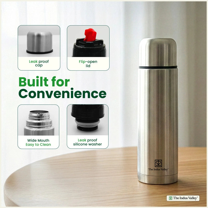 Stainless steel Vacuum insulated Bullet flask with flip Lid – Double Wall, Vacuum insulated, Hot & Cold 1000ml