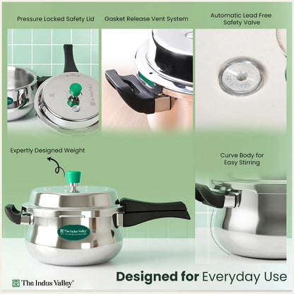 Tri-Ply Stainless Steel Outer Lid Handi Pressure Cooker 5.5L, 100% Food-Safe, 3 Layer Thick Body, Heavy Bottom, 5 Yr Warranty, Induction & Gas