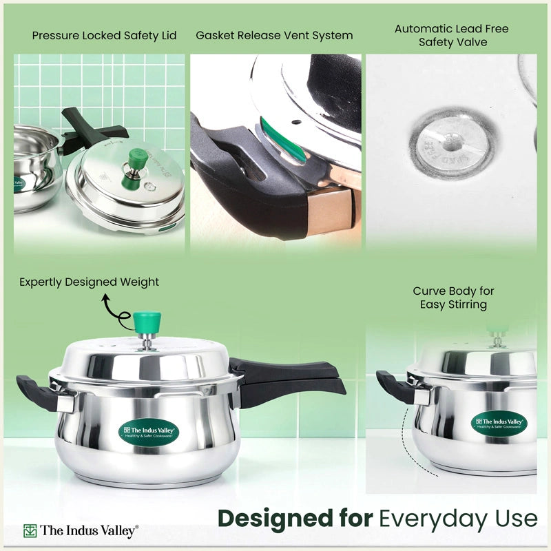 Premium Stainless Steel Outer Lid Handi Pressure Cooker 5.5L, Premium Quality, Heavy Bottom, 100% Safe, ISI Certified, 3 Yr Warranty, Induction & Gas