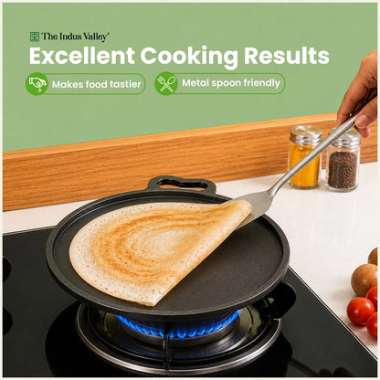 CASTrong Cast Iron Dosa Tawa 26.8 cm+ Wooden Flipper, Pre-seasoned, 100% Pure, Toxin-free, Induction & Gas Compatible