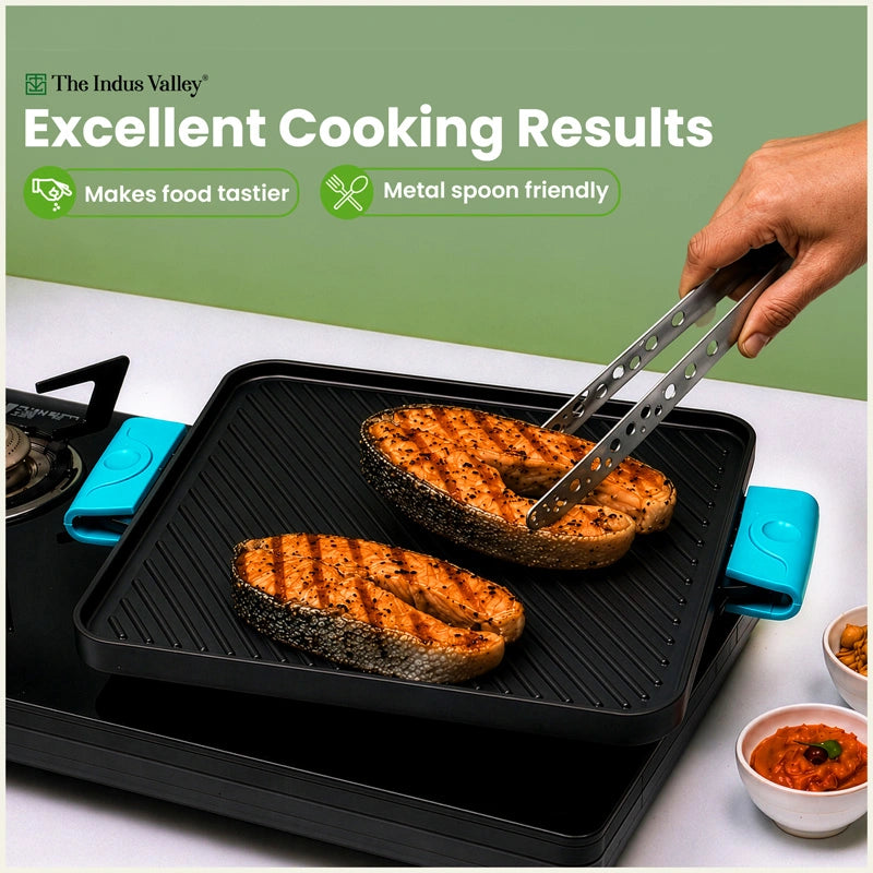 CASTrong Cast Iron Square Griddle / Grill Pan 10.5 Inch with Silicone Grip, Pre-seasoned, 100% Pure, Toxin-free, Induction Compatible