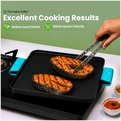 CASTrong Cast Iron Square Griddle / Grill Pan 10.5 Inch with Silicone Grip, Pre-seasoned, 100% Pure, Toxin-free, Induction Compatible