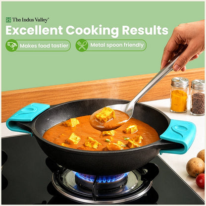 Super Smooth CASTrong Cast Iron Kadai / Wok 18.3cm & 20.7cm with Silicone Grip, Naturally Non-stick, Premium Quality, 100% Pure, Toxin-free