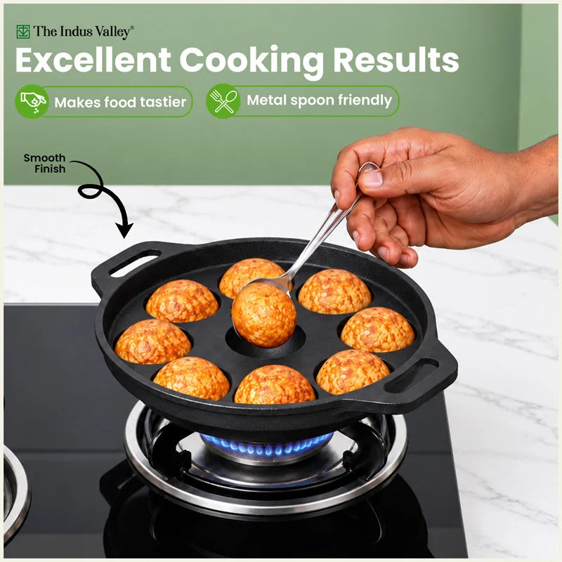 Super Smooth 21 cm 9 Pit/Cup Cast Iron Paniyaram/Appe Pan, Pre-seasoned, Natural Nonstick, 100% Pure, Toxin-free,21 cm, 1.53 kg