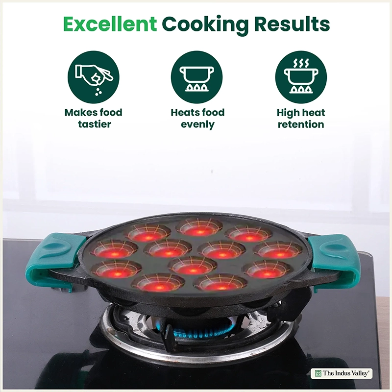 12 Pit/Cup CASTrong Cast Iron Paniyaram/Appe Pan 20.8 cm, Pre-seasoned, with Double Handle Silicone Grip,Toxin-free 2.2 kg, Induction & Gas