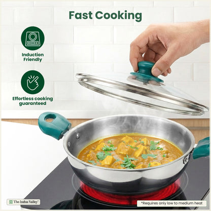 Premium Stainless Steel Impact Bonded Cookware Set: Kadai with Glass Lid(22cm)+Saucepan(16cm)+ Frypan(22cm)with Glass Lid, Premium Quality, Tri-ply (3 Layer) Bottom, Soft-touch Handles, 100% Toxin-free, Non-stick, Induction & Gas