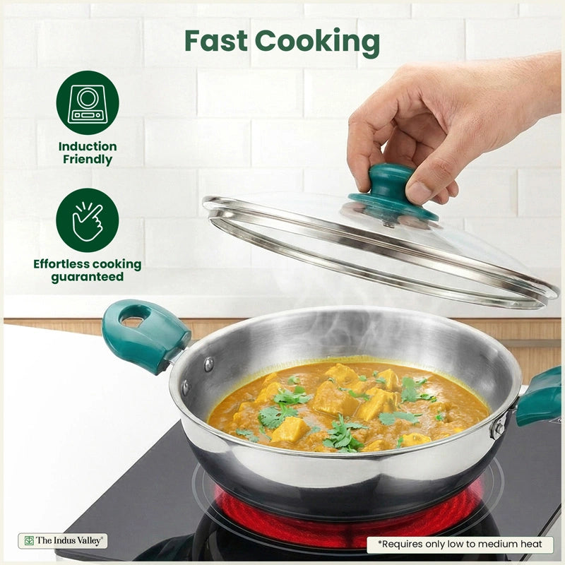 Premium Stainless Steel Impact Bonded Cookware Set: Kadai with Glass Lid(22cm)+Saucepan(16cm)+ Frypan(22cm)with Glass Lid, Tri-ply (3 Layer) Bottom, Induction & Gas