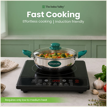 Premium Stainless Steel Impact Bonded Kadai with Glass Lid | 3-Layer Bottom | Induction & Gas Compatible | 22cm / 24cm / 26cm