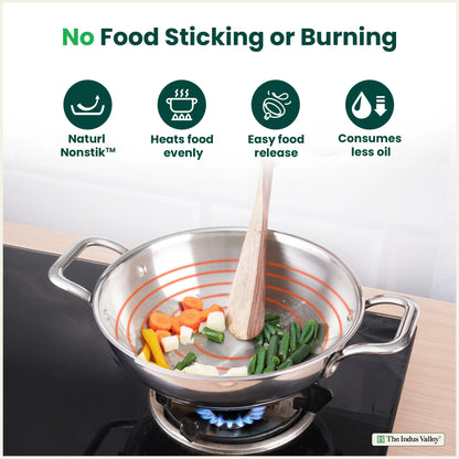 TurboCuk Tri-ply Stainless Steel Kadai+ Glass Lid, Premium Quality, 3 Layer Thick Body, 100% Toxin-free, Non-stick, Induction & Gas, 1.7/2.7/4L