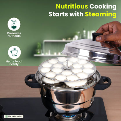 Premium Stainless Steel idlipot regular with mini idli plates-(3+1) Idli/ Momo Maker/  Veg Steaming Set, Tri-ply Induction Bottom, 4 Plates