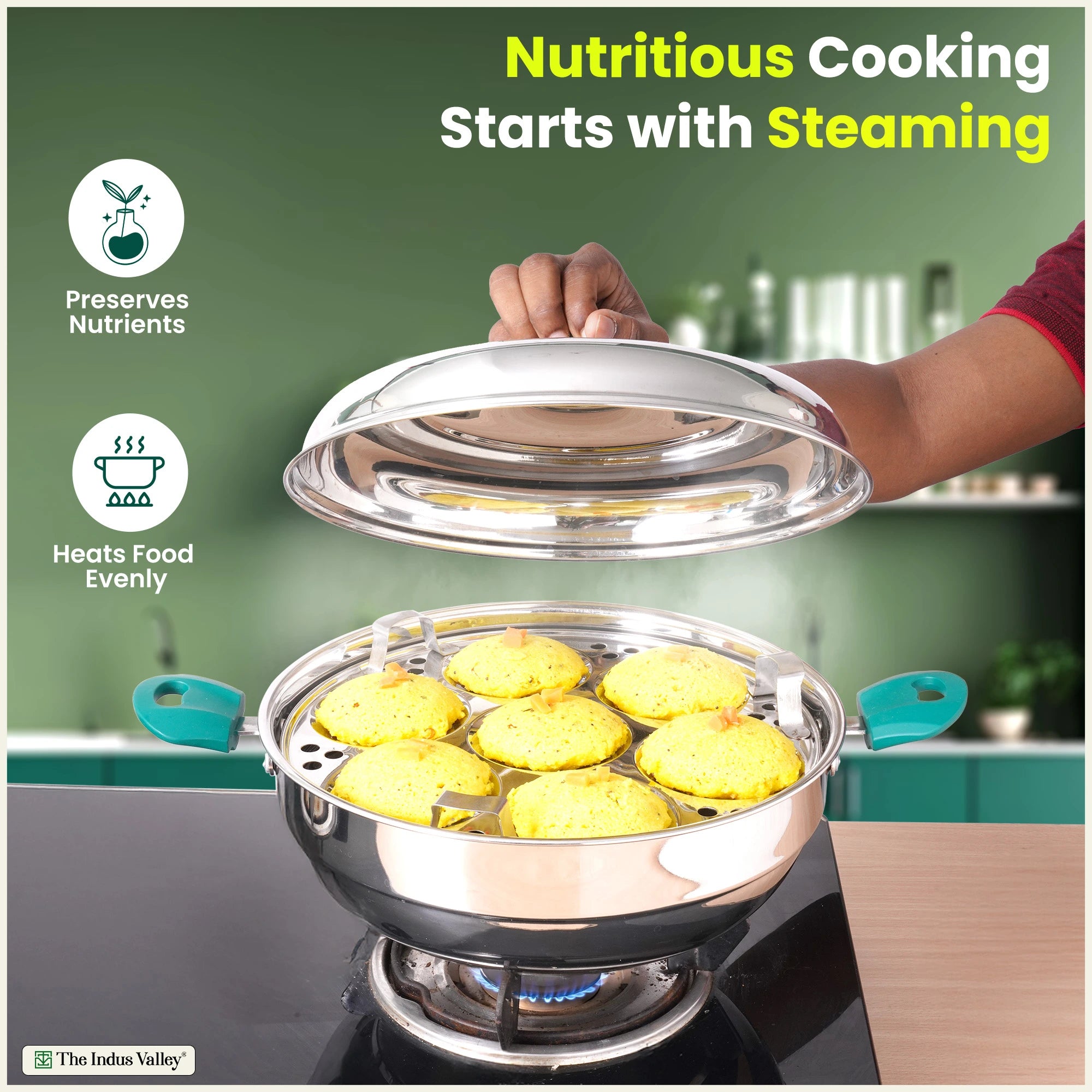 14 Pit Tri-Steel Multi Pot Premium Stainless Steel 27cm Idli/ Momo Maker/ Veg Steaming Set, Tri-ply Induction Bottom, 2 Plates