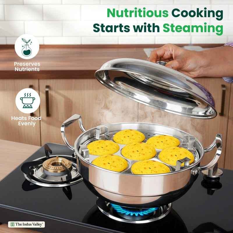 14 Pit Premium Tri-ply Stainless Steel multipot with 1 mini idli plate, Idli/ Momo Maker/ Veg Steaming Set, Tri-ply Induction and gas friendly, 6 Plates