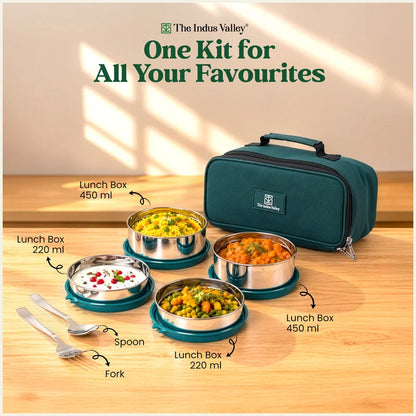 304 Stainless Steel Leakproof Lunch Box Set of 4 with Fork & Spoon | 220ml × 2, 450ml × 2