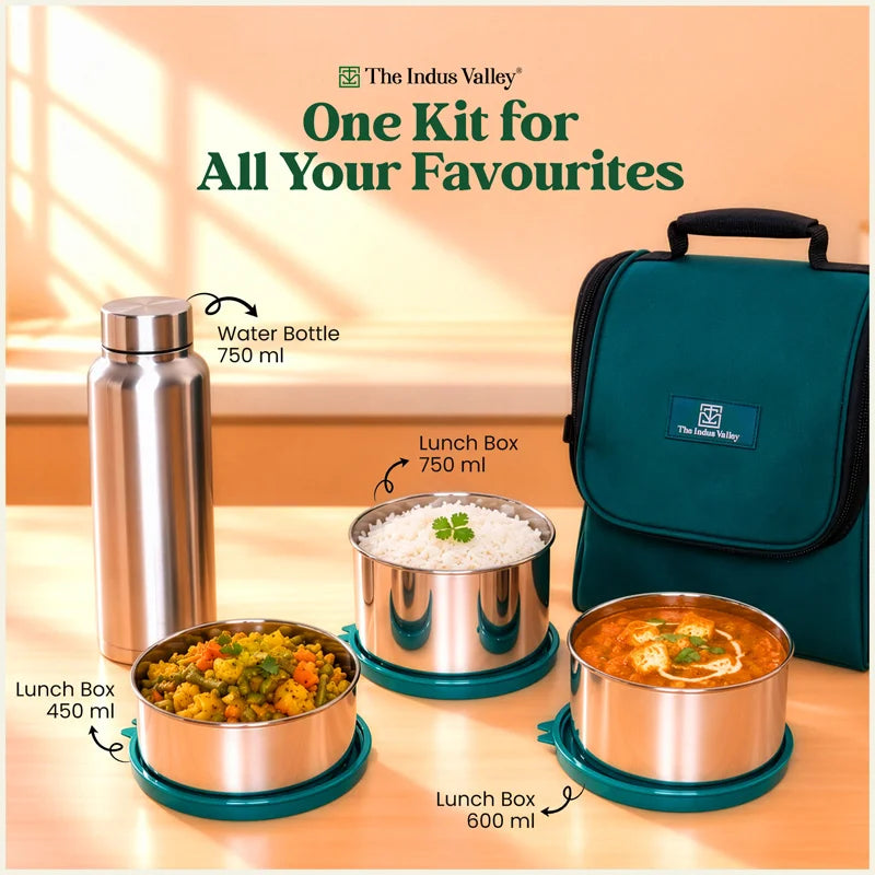 304 Stainless Steel Leakproof Lunch Box Set of 4 with 750ml Water Bottle | 450ml, 600ml & 750ml Containers
