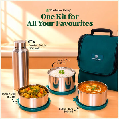 304 Stainless Steel Leakproof Lunch Box Set of 4 with 750ml Water Bottle | 450ml, 600ml & 750ml Containers