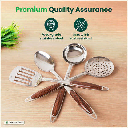 Premium Stainless Steel Ladle Set with Woody Handle – Set of 4 | Solid Spoon, Slotted Turner, Skimmer & Ladle | Heat-Resistant, 100% Food-Safe, Rust-Free, Easy to Clean