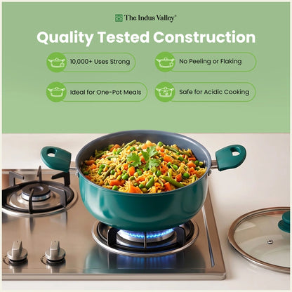 Tri-ply Ceramic Short Casserole with Glass Lid -24cm, Ceramic Coating, 100% Toxin-Free, PFOA & PFAS Free, Non-Stick, Induction & Gas Compatible