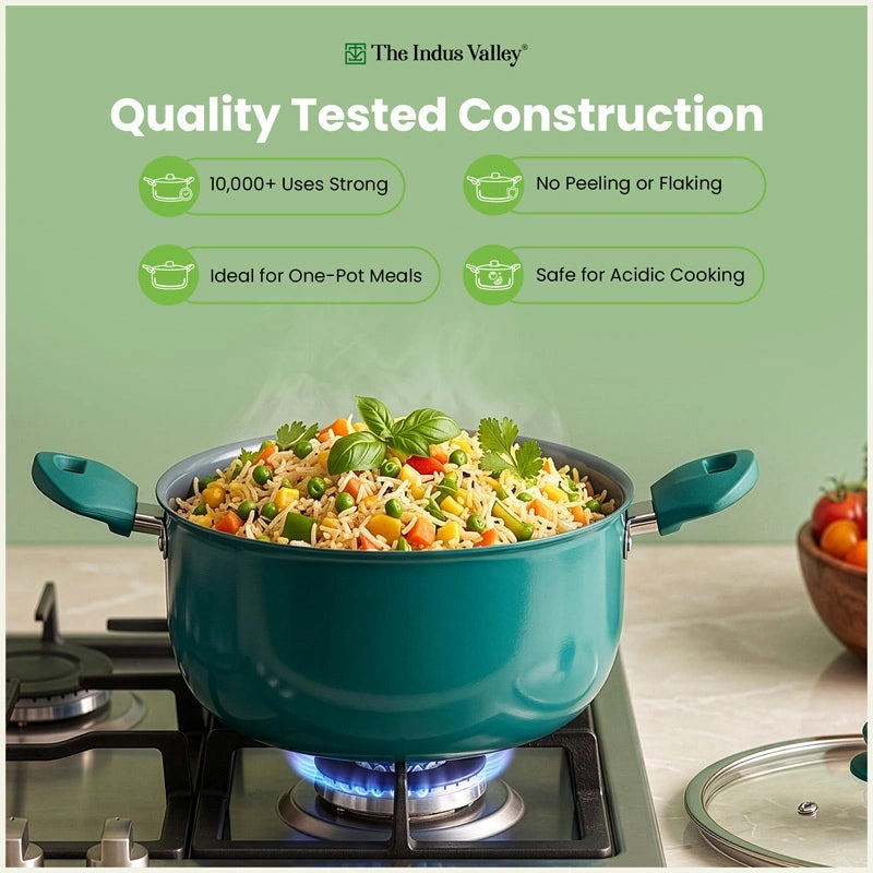 Tri-ply Ceramic Tall Casserole with Glass Lid -24cm, Ceramic Coating, 100% Toxin-Free, PFOA & PFAS Free, Non-Stick, Induction & Gas Compatible