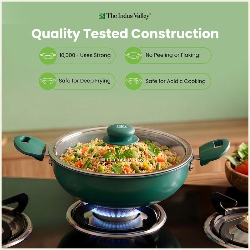 Tri-ply Ceramic  Kadai with Glass Lid -24cm, Ceramic Coating, 100% Toxin-Free, PFOA & PFAS Free, Non-Stick, Induction & Gas Compatible