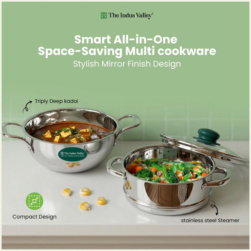 Triply Stainless Steel Deep Kadai & Steamer with Glass Lid -20cm Premium Quality, 3 Layer Thick Body, 100% Toxin-free, Non-stick, Induction & Gas