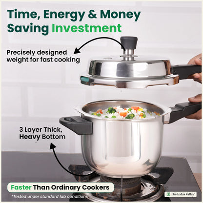 QuicKooker Tri-Steel Stainless Steel Pressure Cooker, Premium Quality, 3 Layer Heavy Bottom, 100% Safe, ISI Certified, 3 Yr Warranty, Induction & Gas, 3/5 L