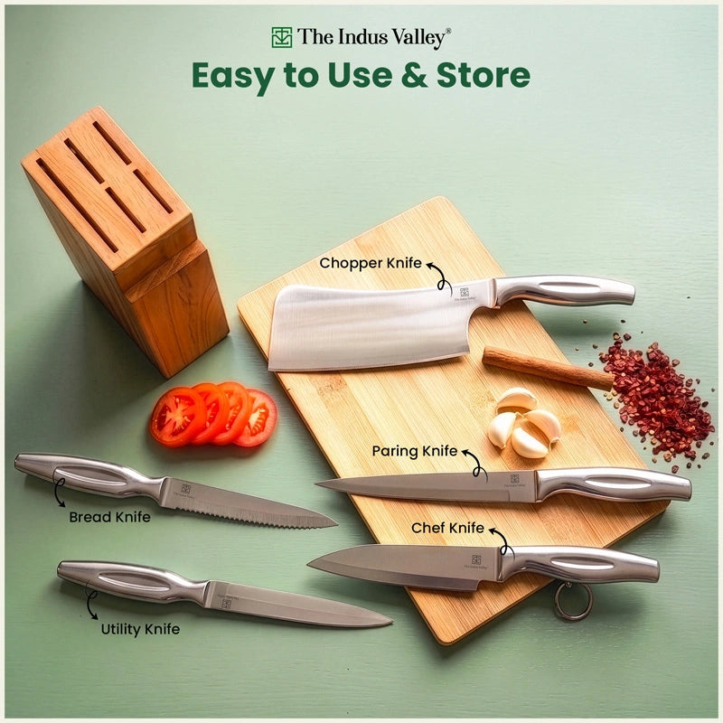 Premium Stainless Steel Knife Set of 5 with Wooden Stand