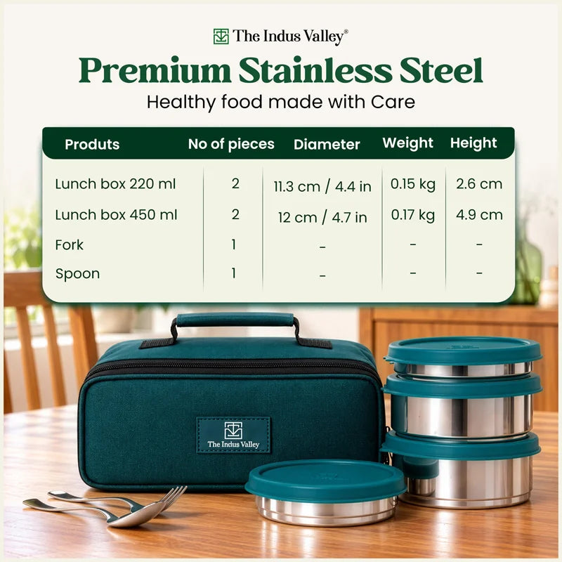304 Stainless Steel Leakproof Lunch Box Set of 4 with Fork & Spoon | 220ml × 2, 450ml × 2
