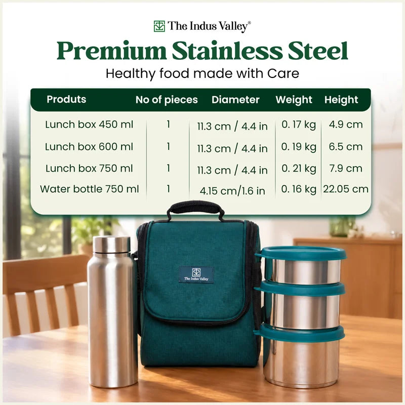 304 Stainless Steel Leakproof Lunch Box Set of 4 with 750ml Water Bottle | 450ml, 600ml & 750ml Containers