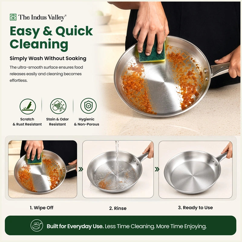 Tri-ply Stainless Steel Cookware Set: 20cm Kadai + 20cm Fry Pan + 14cm Sauce pan, Premium Quality, 3 Layer Thick Body, 100% Toxin-free, Non-stick, Induction & Gas