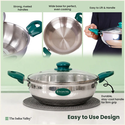 Premium Stainless Steel Impact Bonded Kadai with Glass Lid | 3-Layer Bottom | Induction & Gas Compatible | 22cm / 24cm / 26cm