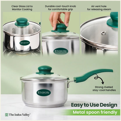 Premium Stainless Steel Saucepan | Impact Bonded 3-Layer Bottom | Induction & Gas Compatible 16cm