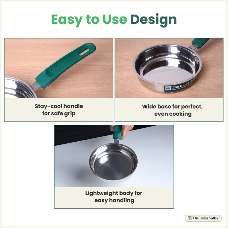 Tri-Steel Stainless Steel Tadka Pan 13 cm, Premium Quality, Tri-ply Bottom, Soft-touch Handle, 100% Toxin-free, Non-stick, Induction & Gas