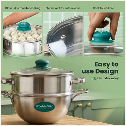 Triply Stainless Steel Deep Kadai & Steamer with Glass Lid -20cm Premium Quality, 3 Layer Thick Body, 100% Toxin-free, Non-stick, Induction & Gas