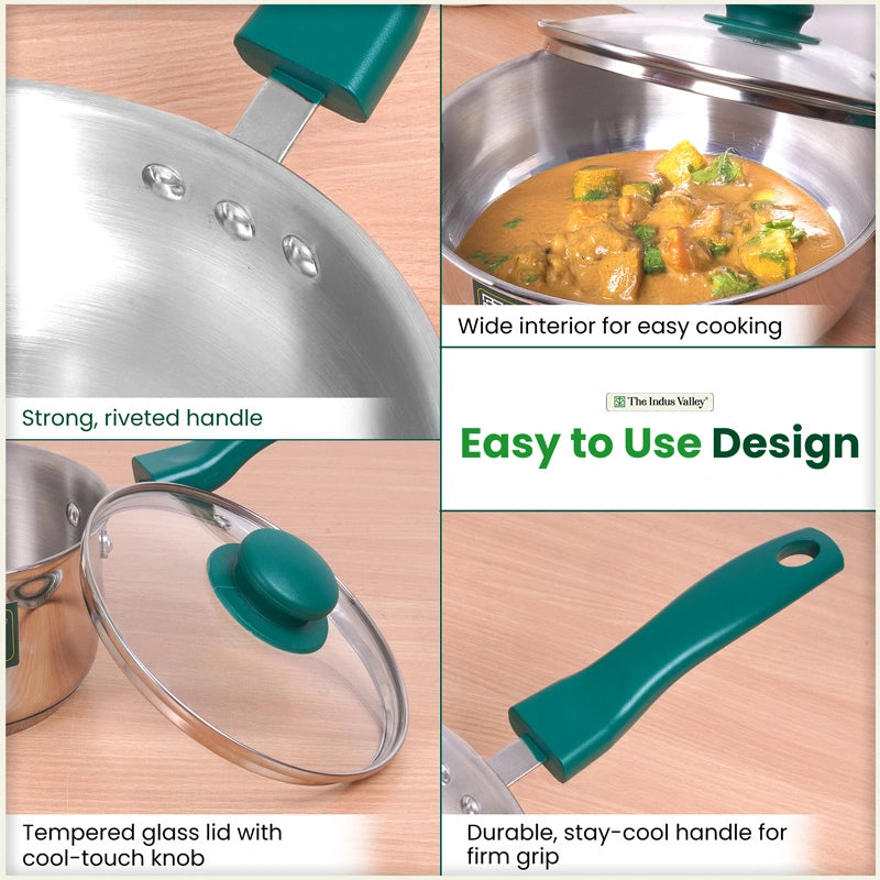 Premium Stainless Steel Impact Bonded Cookware Set: Kadai with Glass Lid(22cm)+Saucepan(16cm)+ Frypan(22cm)with Glass Lid, Tri-ply (3 Layer) Bottom, Induction & Gas