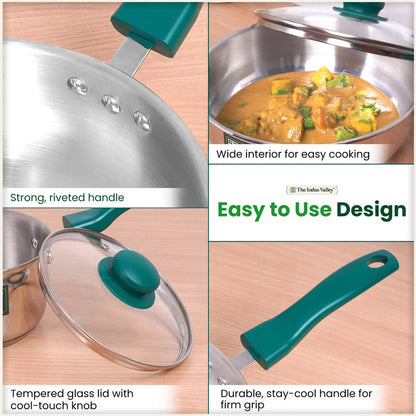 Premium Stainless Steel Impact Bonded Cookware Set: Kadai with Glass Lid(22cm)+Saucepan(16cm)+ Frypan(22cm)with Glass Lid, Tri-ply (3 Layer) Bottom, Induction & Gas
