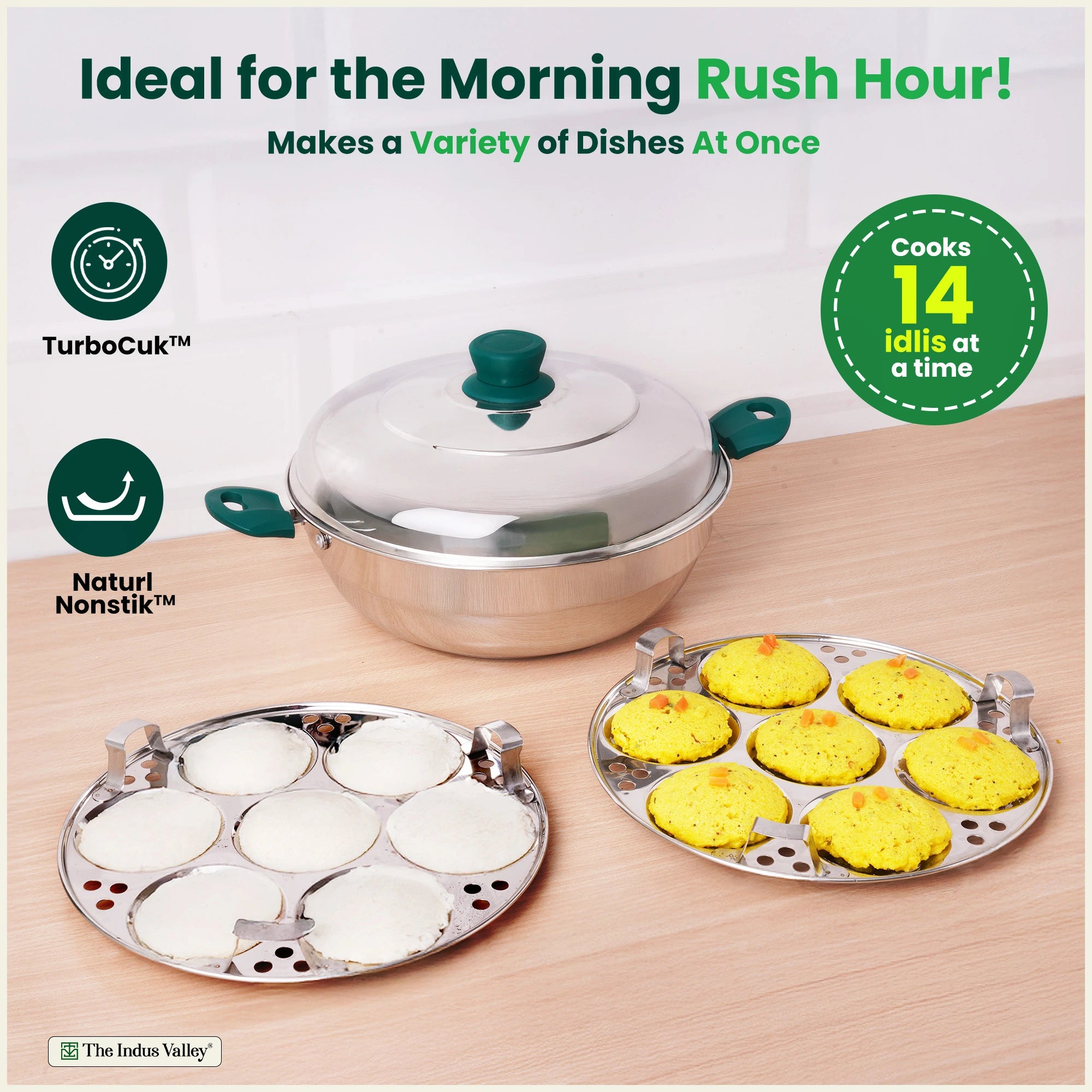 14 Pit Tri-Steel Multi Pot Premium Stainless Steel 27cm Idli/ Momo Maker/ Veg Steaming Set, Tri-ply Induction Bottom, 2 Plates