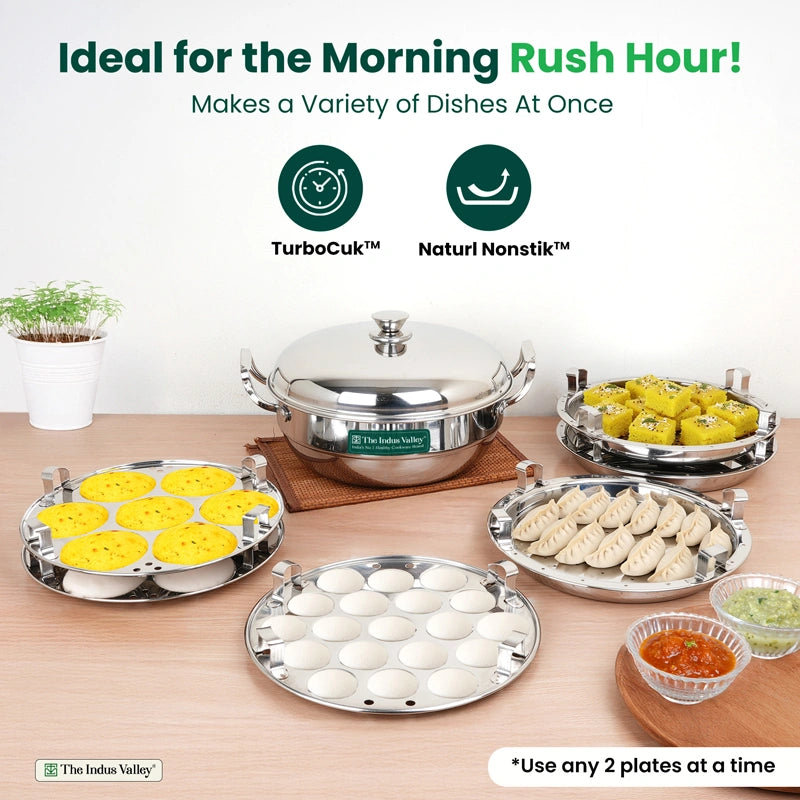14 Pit Premium Tri-ply Stainless Steel multipot with 1 mini idli plate, Idli/ Momo Maker/ Veg Steaming Set, Tri-ply Induction and gas friendly, 6 Plates